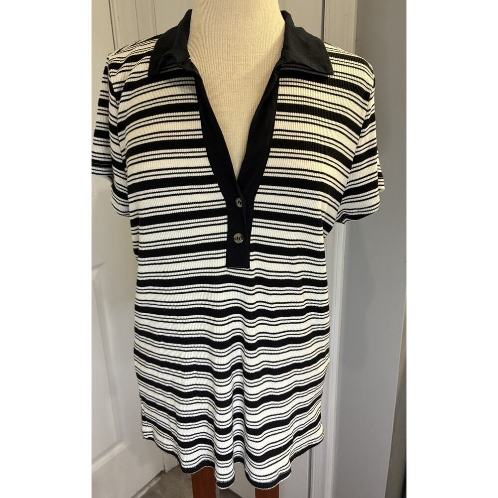 New T.La Anthropologie Striped Ribbed Knit Polo Shirt XL Slim Fit Black White